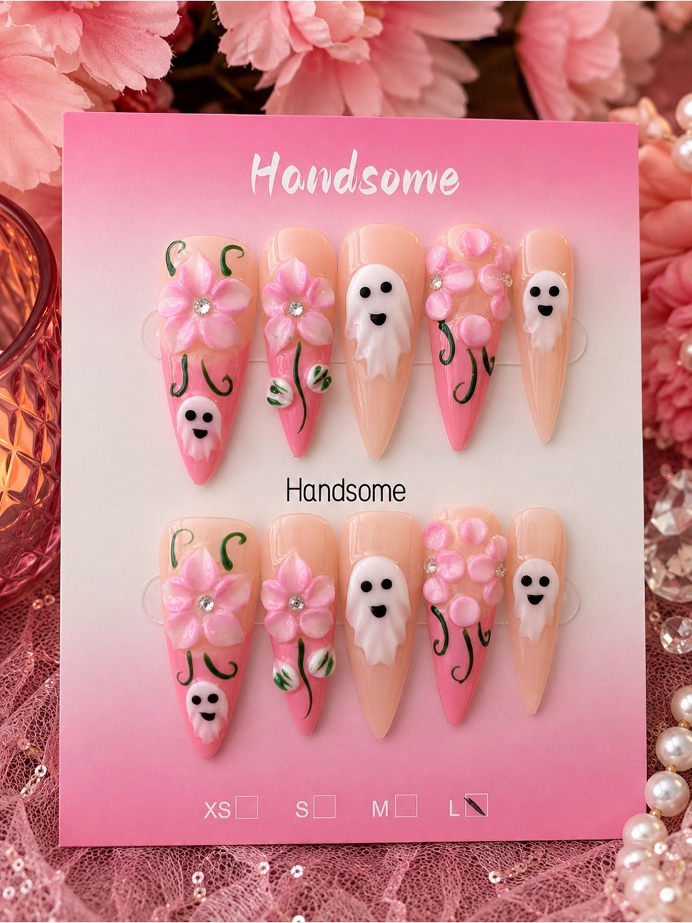 👻🌸 Pink Floral Ghost Press-On Nails – Size Large 🌸👻